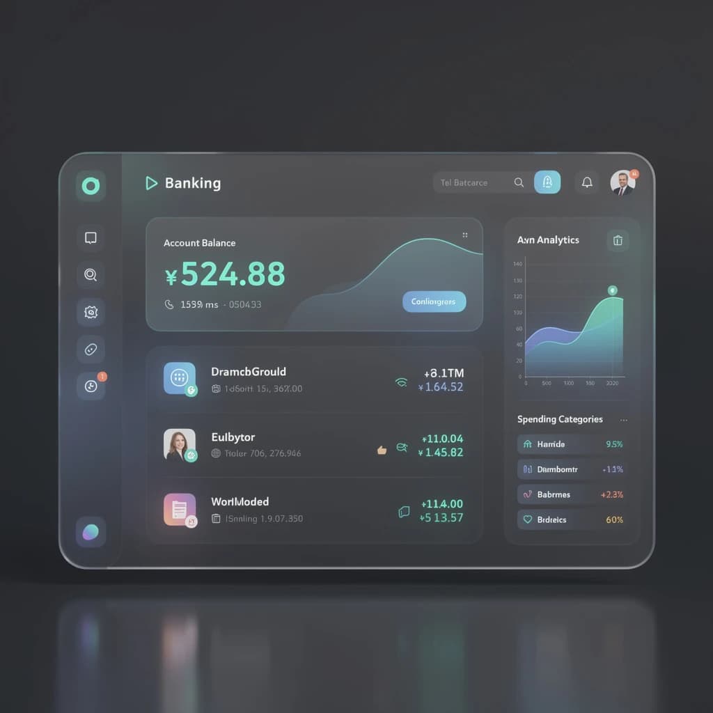 Dark mode banking dashboard with glassmorphism.