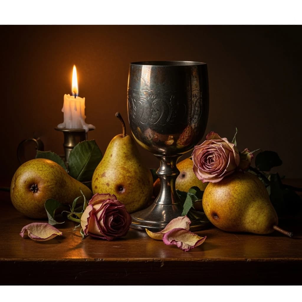 Create an oil on canvas still life with a tarnished goblet, bruised pears, and wilted roses, lit by a single candle; a bit muted palette, soft brushwork, subtle craquelure.