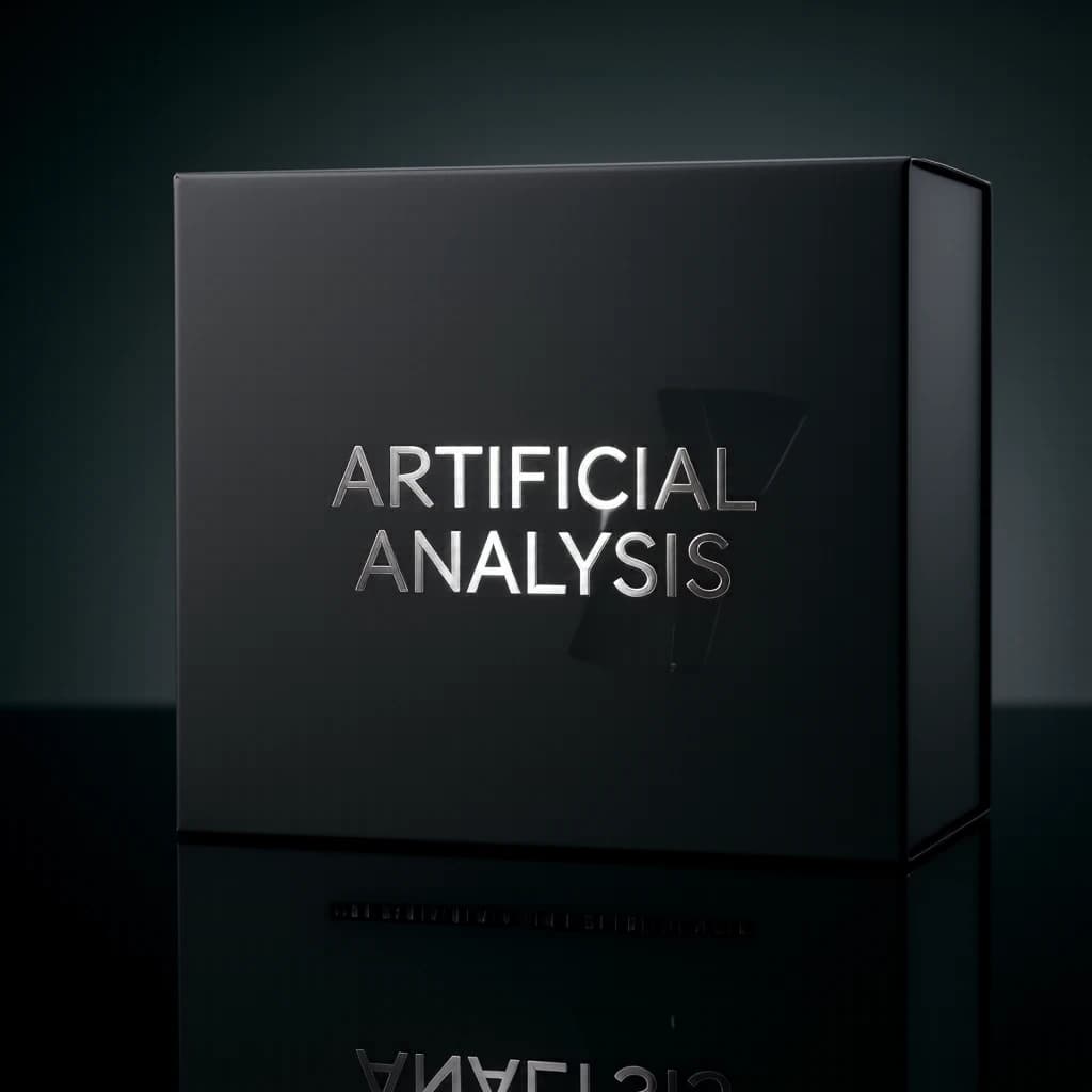 On the black box, silver foil embossing, centered: "Artificial Analysis" in Comic Sans Small Caps, perfectly justified. The letters are crisp, but the “Y” is duplicated faintly, ghosting right. On the box’s reflection, the word order is inverted: ARTIFICIAL ANALYSIS.