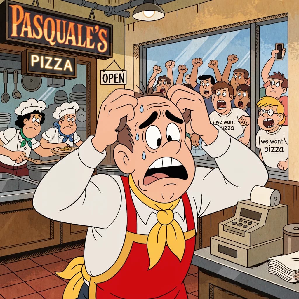 Pasquale is pulling his few remaining hairs out over a disaster at the pizzeria - the cooks are working as fast as they can but the crowds outside are swelling and they demand hot hot pizza! They are banging on the glass and some are wearing "we want pizza" shirts. 1980s western TV animation style.