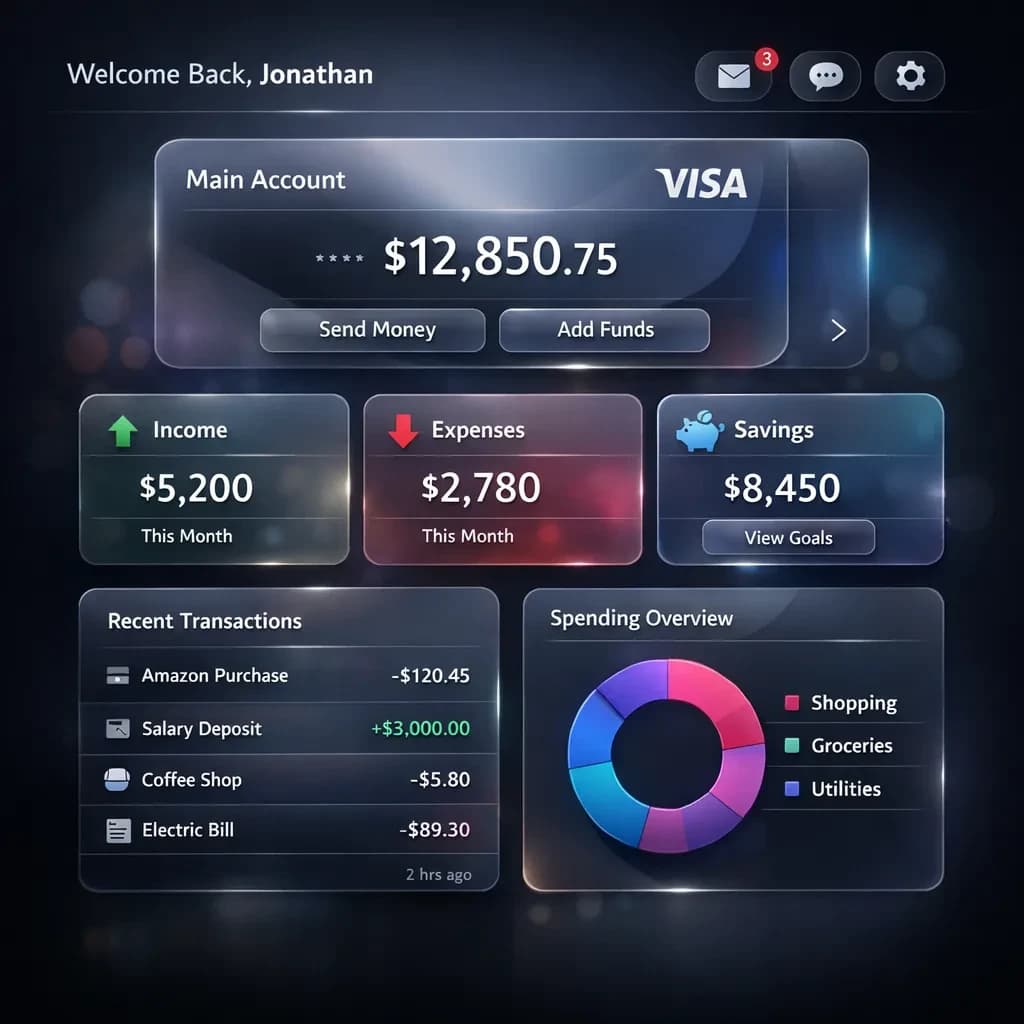 Dark mode banking dashboard with glassmorphism.
