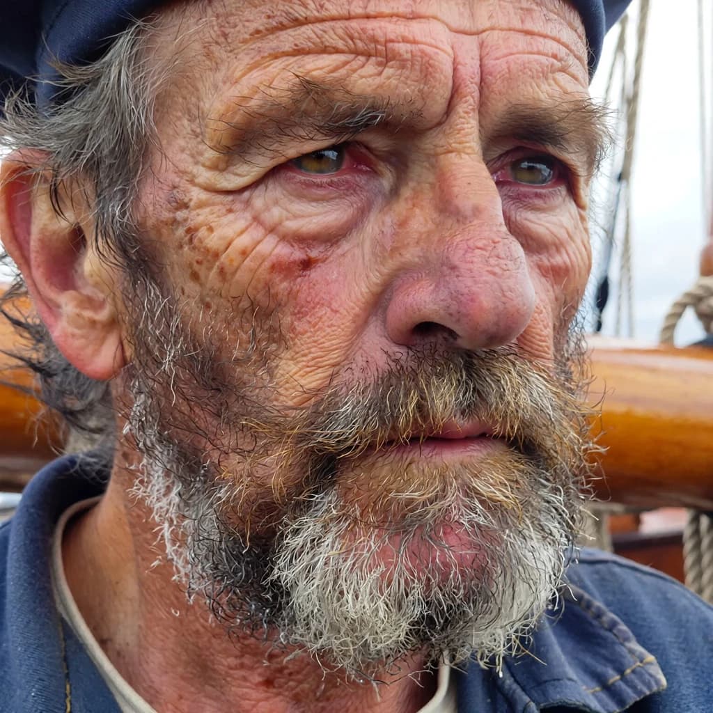 Oil on canvas portrait of an elderly sailor, weathered face, soft light.