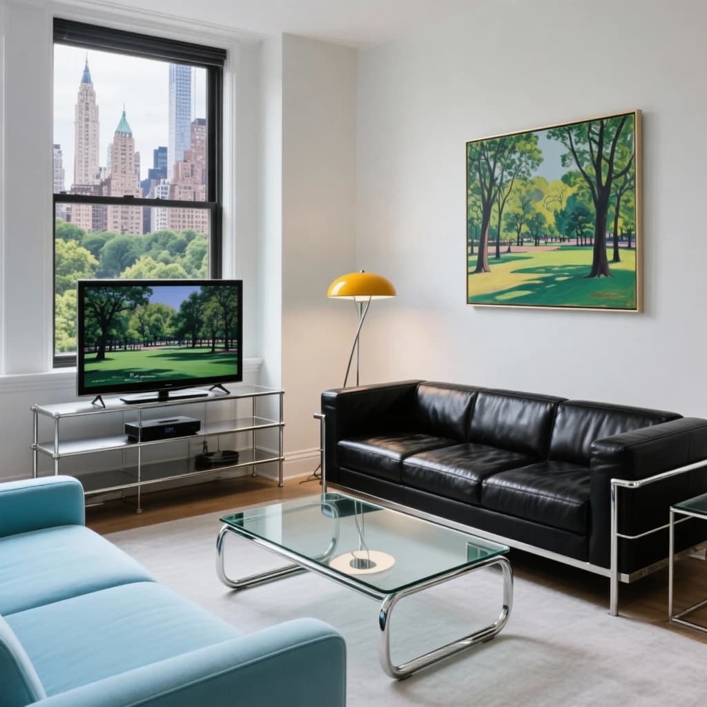 My apartment overlooks Central Park. It’s very luxurious, very expensive, and the furniture is minimal — a black leather couch, a glass coffee table with chrome legs, an Arne Jacobsen floor lamp. A big-screen television set rests on a steel shelving unit. A David Onica painting hangs above the couch. There’s a stainless steel and glass cocktail table. A powder-blue sofa. A thirty-inch digital TV.