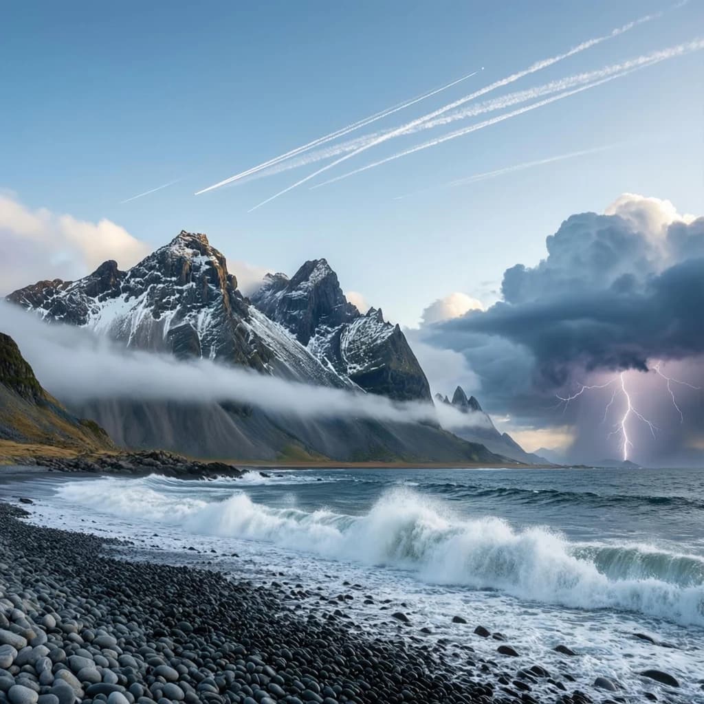 A stunning mountain vista pokes through the cloud top. Contrails from a distant airplane linger in the air. In the foreground there is a stony beach with foamy seas. A thunder storm is visibile in the distant right.