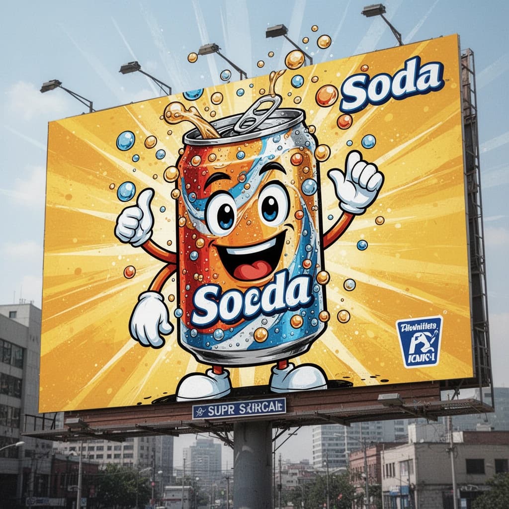 Design a bright soda billboard ad with a bubbly can mascot, thick inky lines.