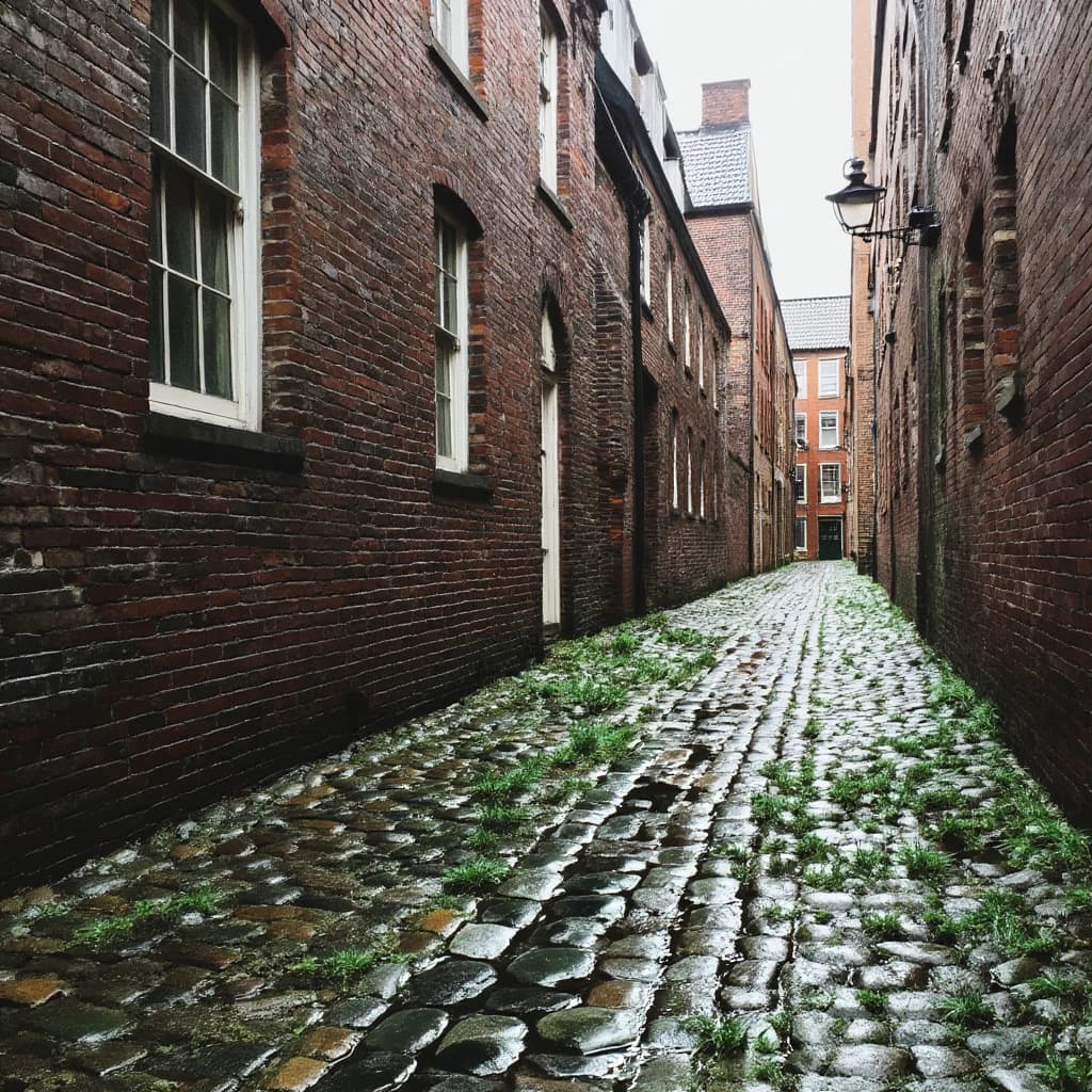 Show a narrow brick alley with wet cobblestones.