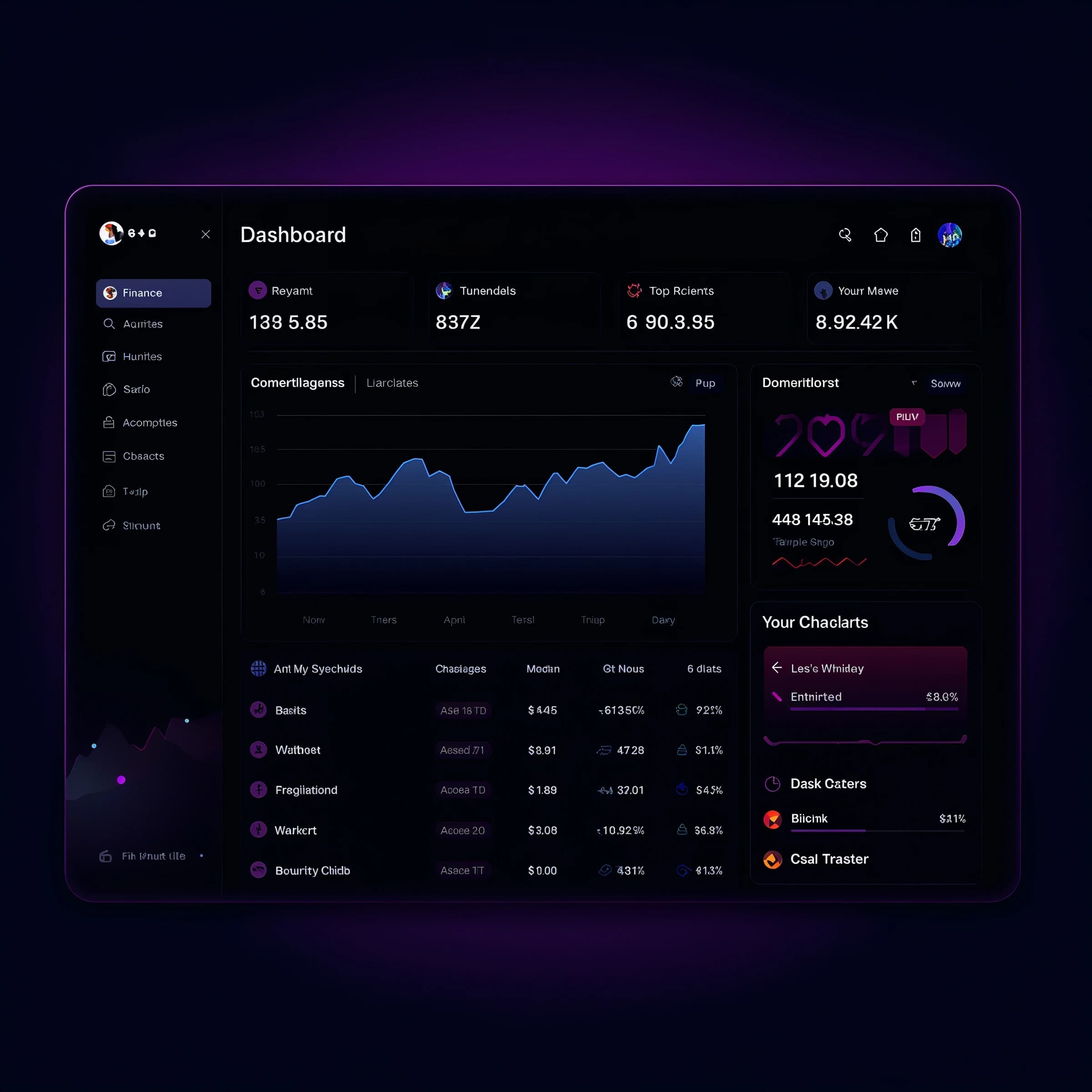 Make a dark mode finance dashboard with charts, glassmorphism, soft neon glow.