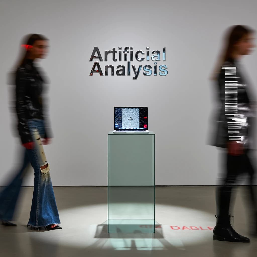 In a spotless gallery space, a pedestal supports a transparent laptop whose screen flickers between static and pristine brand imagery. Shoppers blur past in designer clothes that appear slightly outdated - bell bottoms, metallic jackets. The embossed logo “Artificial Analysis” glints silver, yet its reflection in the glass floor reads in crimson letters. A single spotlight shines, though shadows fall in two directions.