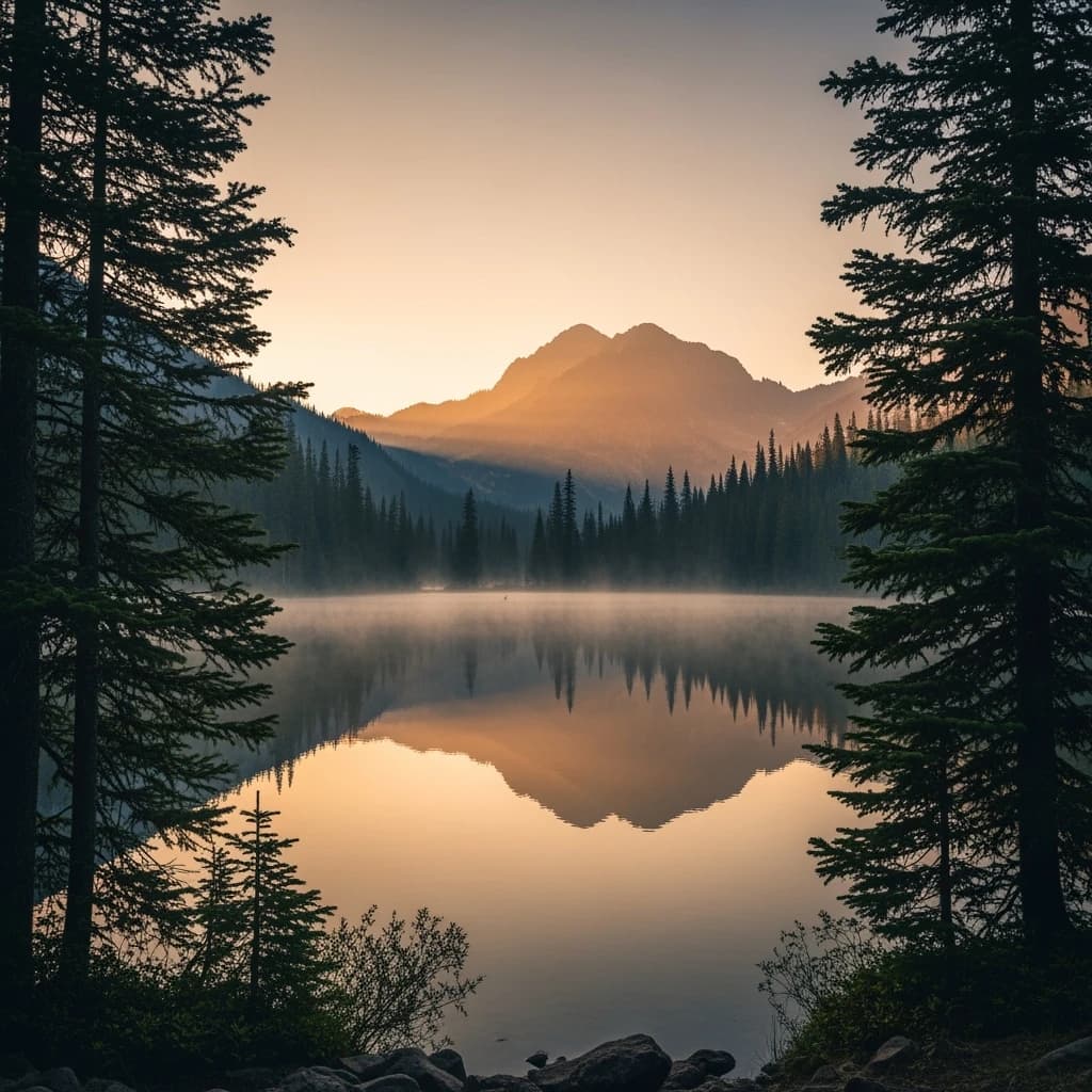 I want a photo of a misty alpine lake at dawn, pines, glassy water, warm light.