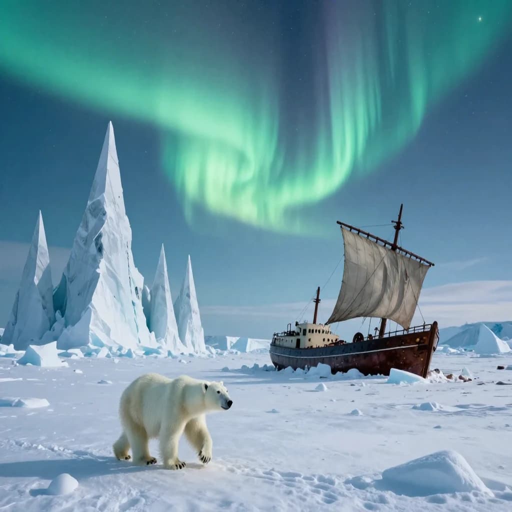 An endless tundra stretches outward, littered with jagged icebergs shaped like cathedral spires. A polar bear trudges across the foreground but leaves no tracks. Auroras ripple overhead. A half-buried shipwreck juts from the snow — sails billowing despite the still air.