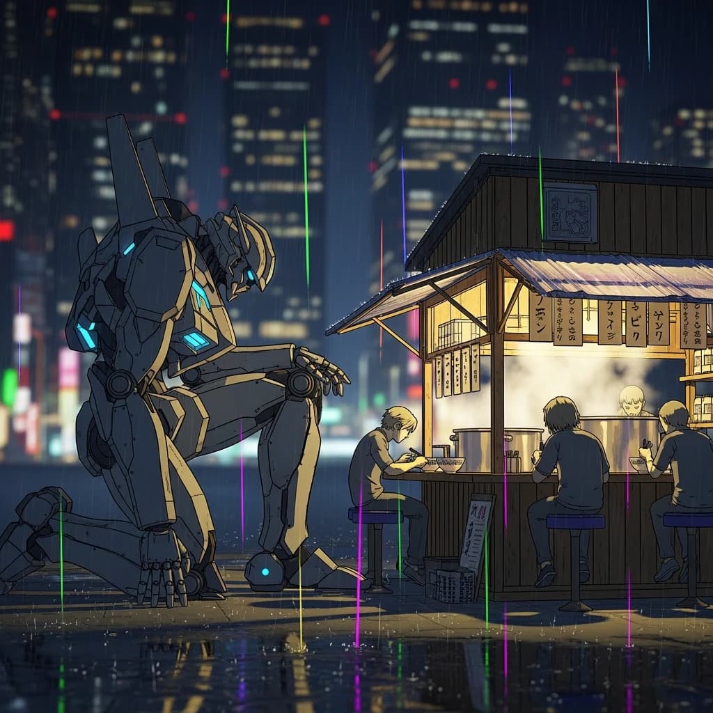 Neon rain falls as a cel-shaded mecha kneels by a ramen stall, midnight vibes.