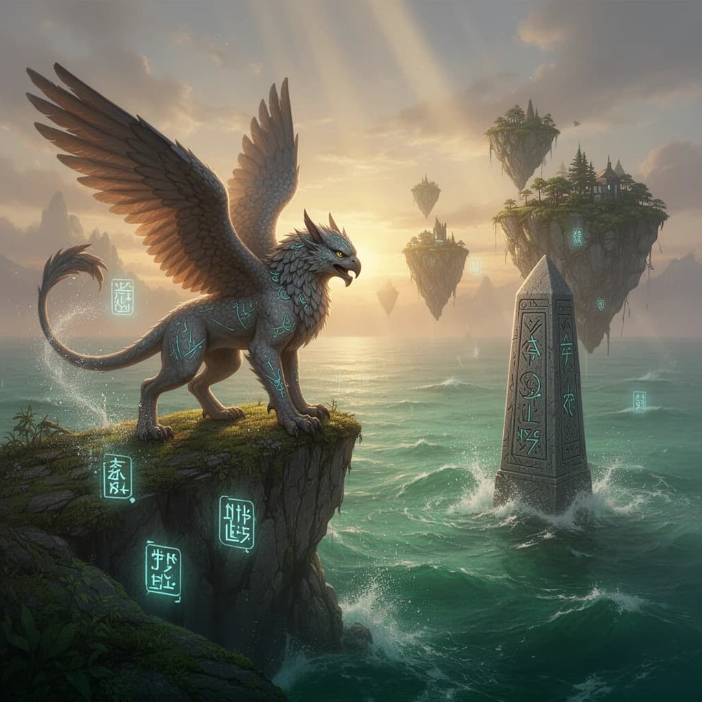 At dawn, a winged griffin lands on a mossy cliff above a jade sea beside a runed obelisk; floating isles drift under golden sunbeams, with a bit of sea spray and glowing runes.