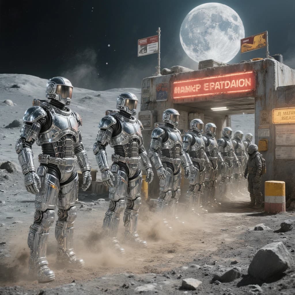 Silver exosuits queue at a dusty lunar checkpoint.