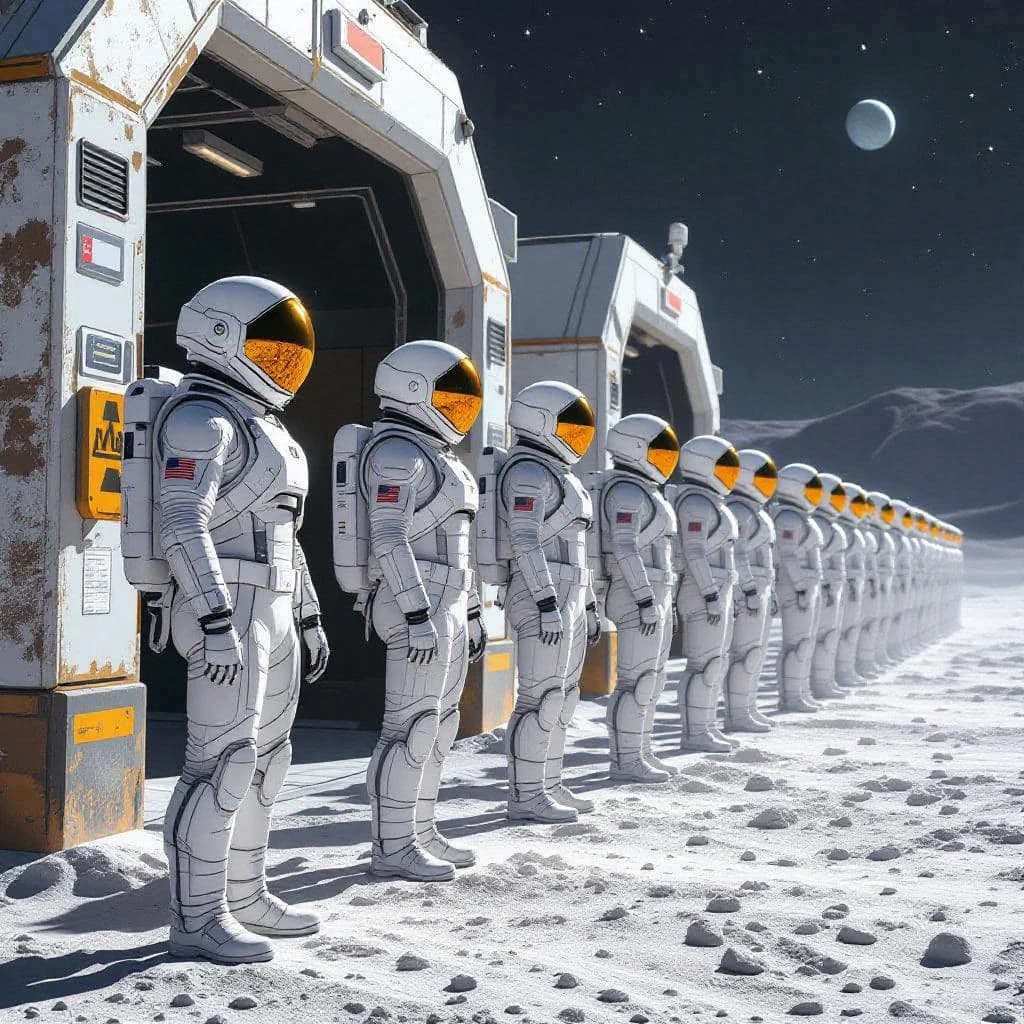 Silver exosuits queue at a dusty lunar checkpoint.