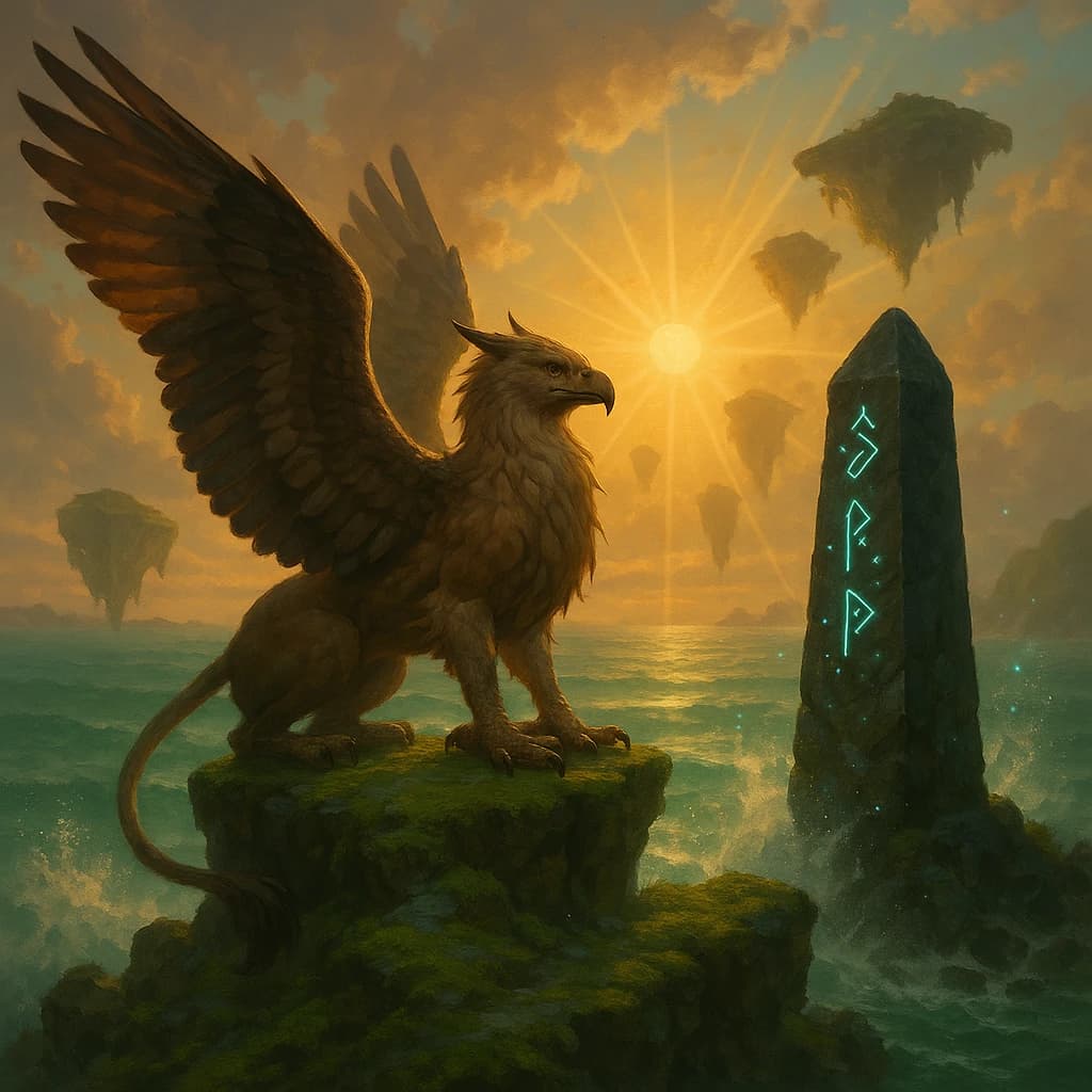 At dawn, a winged griffin lands on a mossy cliff above a jade sea beside a runed obelisk; floating isles drift under golden sunbeams, with a bit of sea spray and glowing runes.