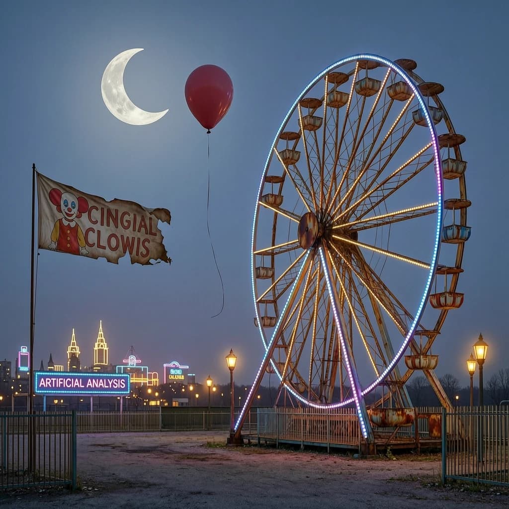 A deserted amusement park glows faintly under a half-moon. The ferris wheel is rusting yet strung with fresh, blinking LED lights. A torn clown banner flaps in a windless air. A lone balloon floats upward, tethered to nothing, while in the far distance city lights flicker on - some neon, some gas lamps as though from another century. 'Artificial Analysis' glows in neon
