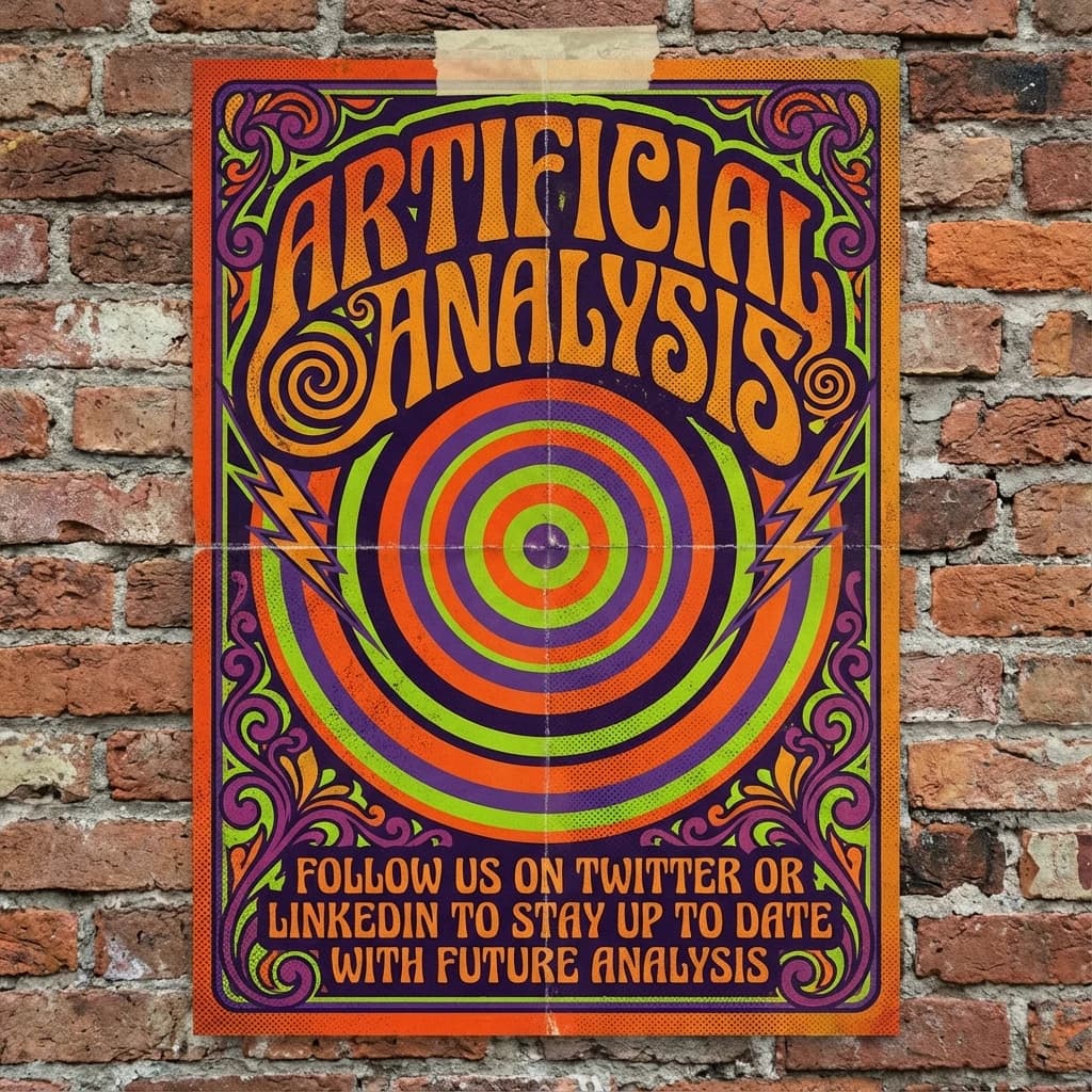 A portrait layout psychedelic concert poster from 1972 bathed in saturated oranges, deep purples, and acid greens. Swirling, hand-drawn typography arcs across the top, spelling out Artificial Analysis in bold, distorted letters that melt into spirals. Surrounded by radiating concentric circles and lightning-bolt motifs. The background is textured with halftone dots and faded paper creases, evoking a well-worn poster taped to a brick wall. Ornate floral borders frame the design, while the bottom features blocky retro lettering listing “Follow us on Twitter or LinkedIn to stay up to date with future analysis” in smaller text. 