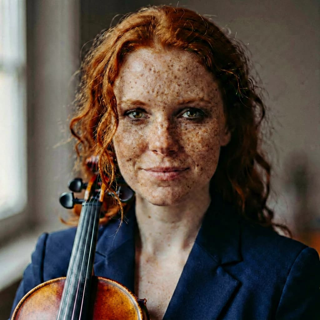 Capture a head-and-shoulders portrait of a freckled red-haired violinist in a navy blazer, soft window light, 85mm at f/1.8, gently smiling yet serious eyes, muted tones.