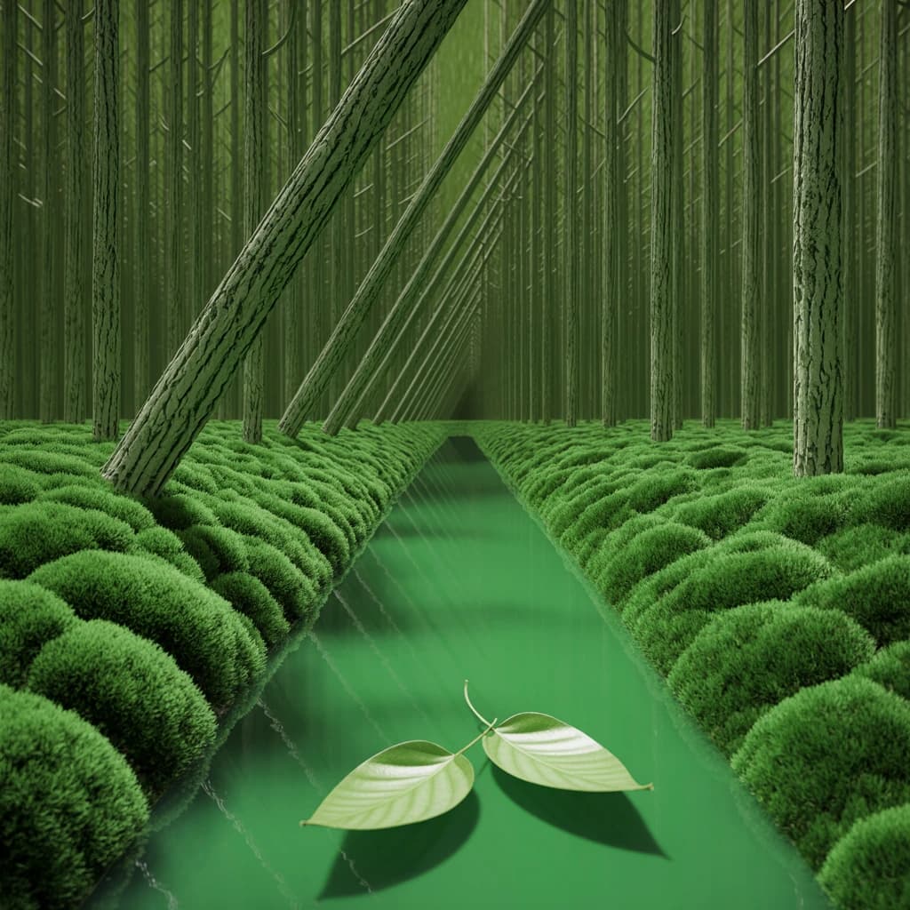 The forest is saturated green, trees identical in height and width, trunks straight, bark texture repeating. One trunk leans diagonally yet the branches remain vertical. The moss is emerald, glistening, though each patch forms identical diamond shapes. A stream runs straight, perfectly linear, water clear, reflecting clouds not visible in the sky. No animals, no insects, but one leaf floats on the water, doubled, showing two overlapping shadows.