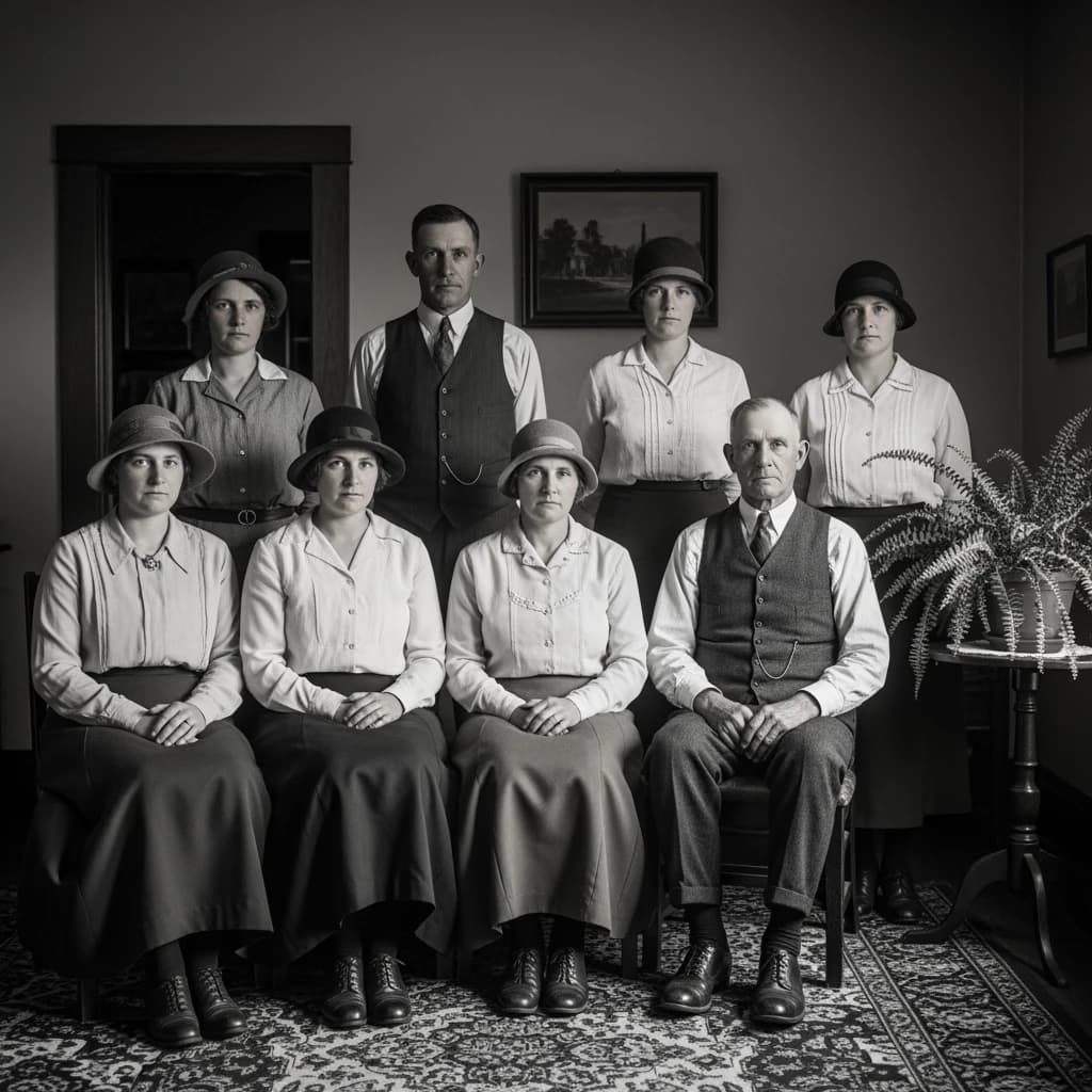 Everybody holds still and nobody smiles for the family portrait. It's 1928 in Kansas