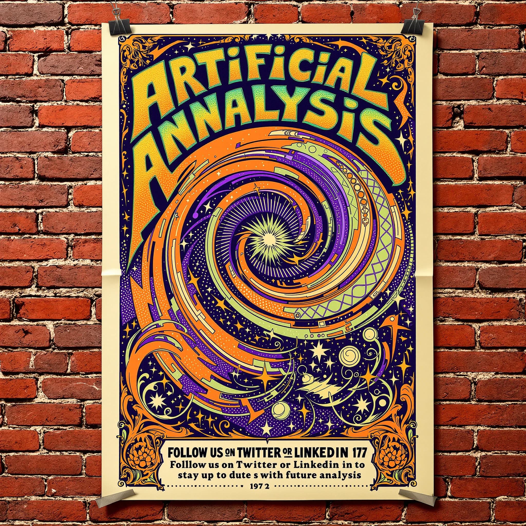 A portrait layout psychedelic concert poster from 1972 bathed in saturated oranges, deep purples, and acid greens. Swirling, hand-drawn typography arcs across the top, spelling out Artificial Analysis in bold, distorted letters that melt into spirals. Surrounded by radiating concentric circles and lightning-bolt motifs. The background is textured with halftone dots and faded paper creases, evoking a well-worn poster taped to a brick wall. Ornate floral borders frame the design, while the bottom features blocky retro lettering listing “Follow us on Twitter or LinkedIn to stay up to date with future analysis” in smaller text. 