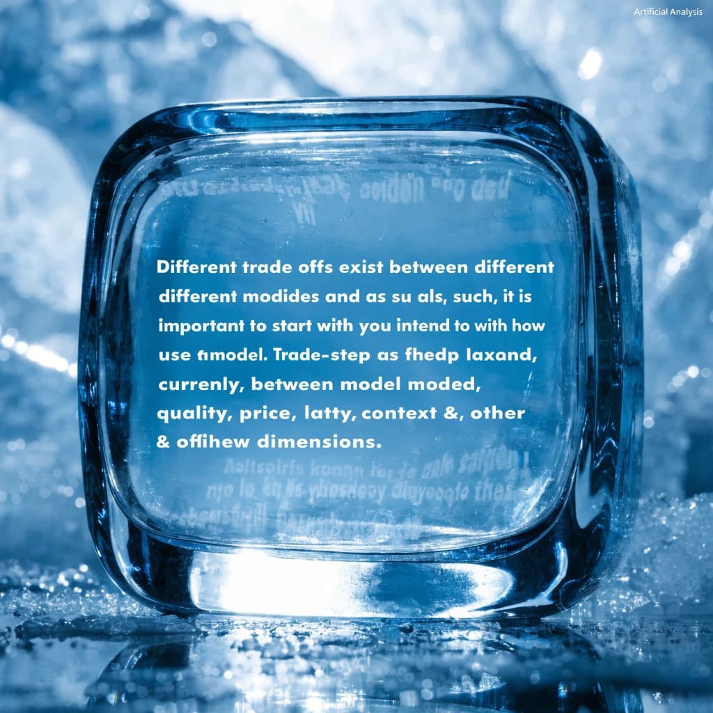 In a clear transparent blue glassy rounded box, etch "Different trade offs exist between different models and providers and as such, it is important to start with how you intend to use the model as the first step. Trade-offs exist currently between model quality, price, output speed, latency, context window & other dimensions. " in sans serif medium weight text. Artificial Analysis is watermarked over the top right 
