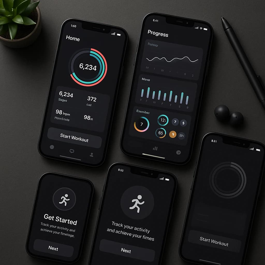 Sleek mobile fitness app screens on a desk: dark mode home, progress dashboard, simple onboarding, clear 8 pt grid, slightly oversized buttons for thumb reach, muted colors.