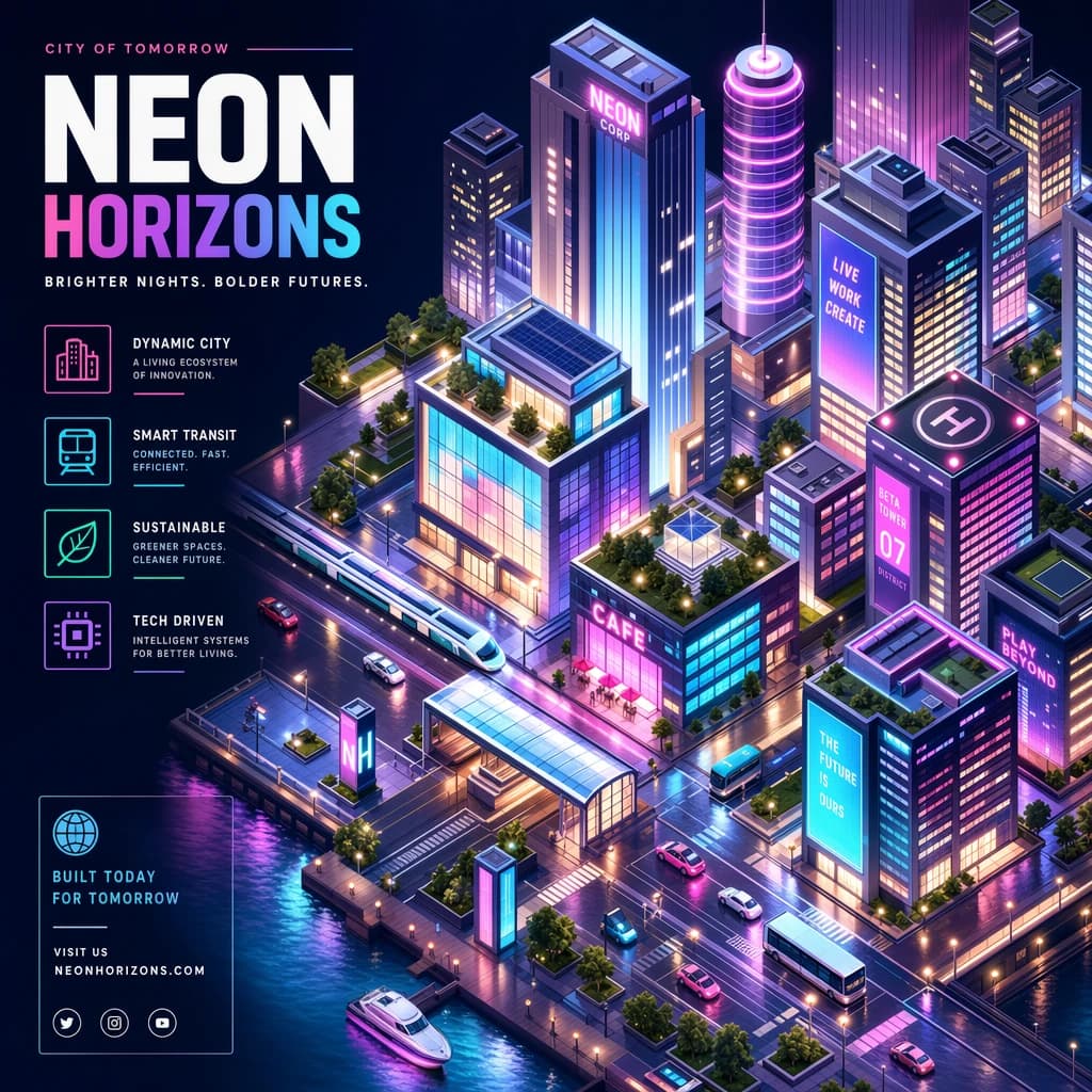 Render an isometric city poster with geometric buildings, neon gradients, gloss highlights, soft AO shadows, clean sans-serif lettering, grid layout, reflections a bit overexposed.