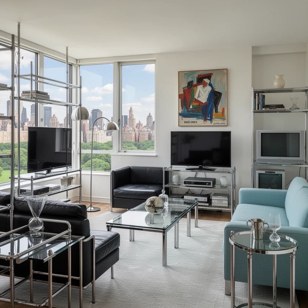 My apartment overlooks Central Park. It’s very luxurious, very expensive, and the furniture is minimal — a black leather couch, a glass coffee table with chrome legs, an Arne Jacobsen floor lamp. A big-screen television set rests on a steel shelving unit. A David Onica painting hangs above the couch. There’s a stainless steel and glass cocktail table. A powder-blue sofa. A thirty-inch digital TV.