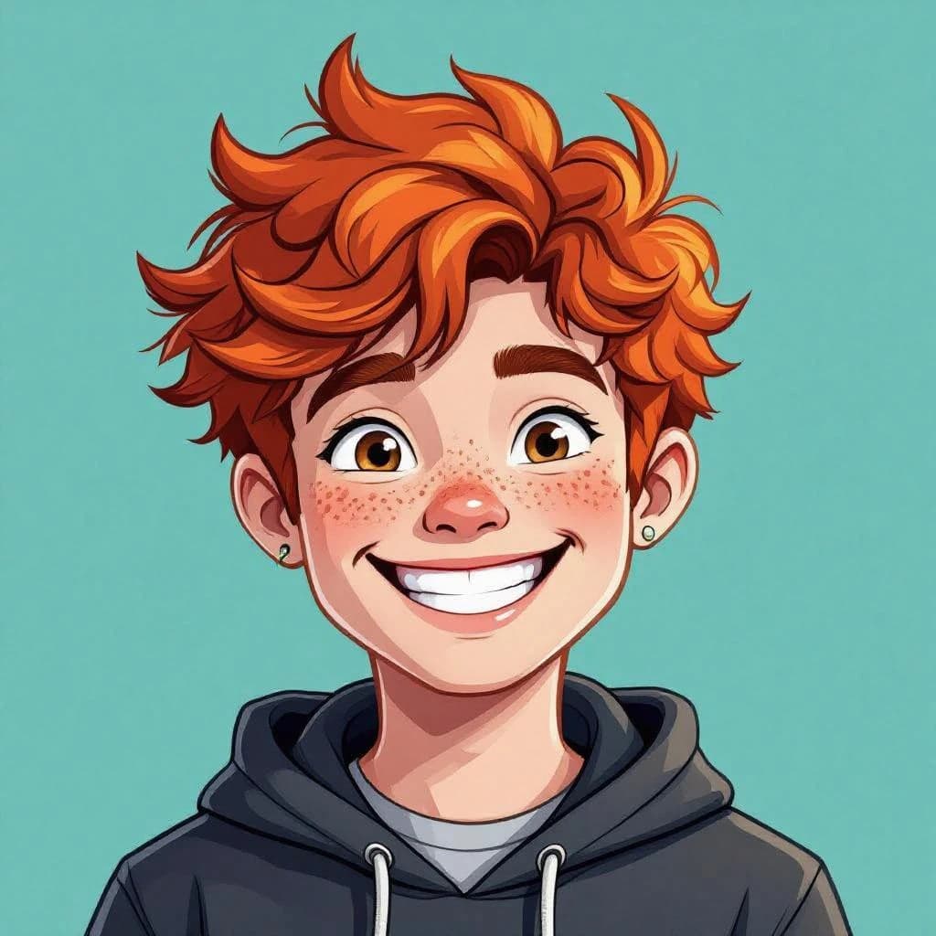 A cel-shaded portrait of a freckled skateboarder, messy red hair, bright grin.