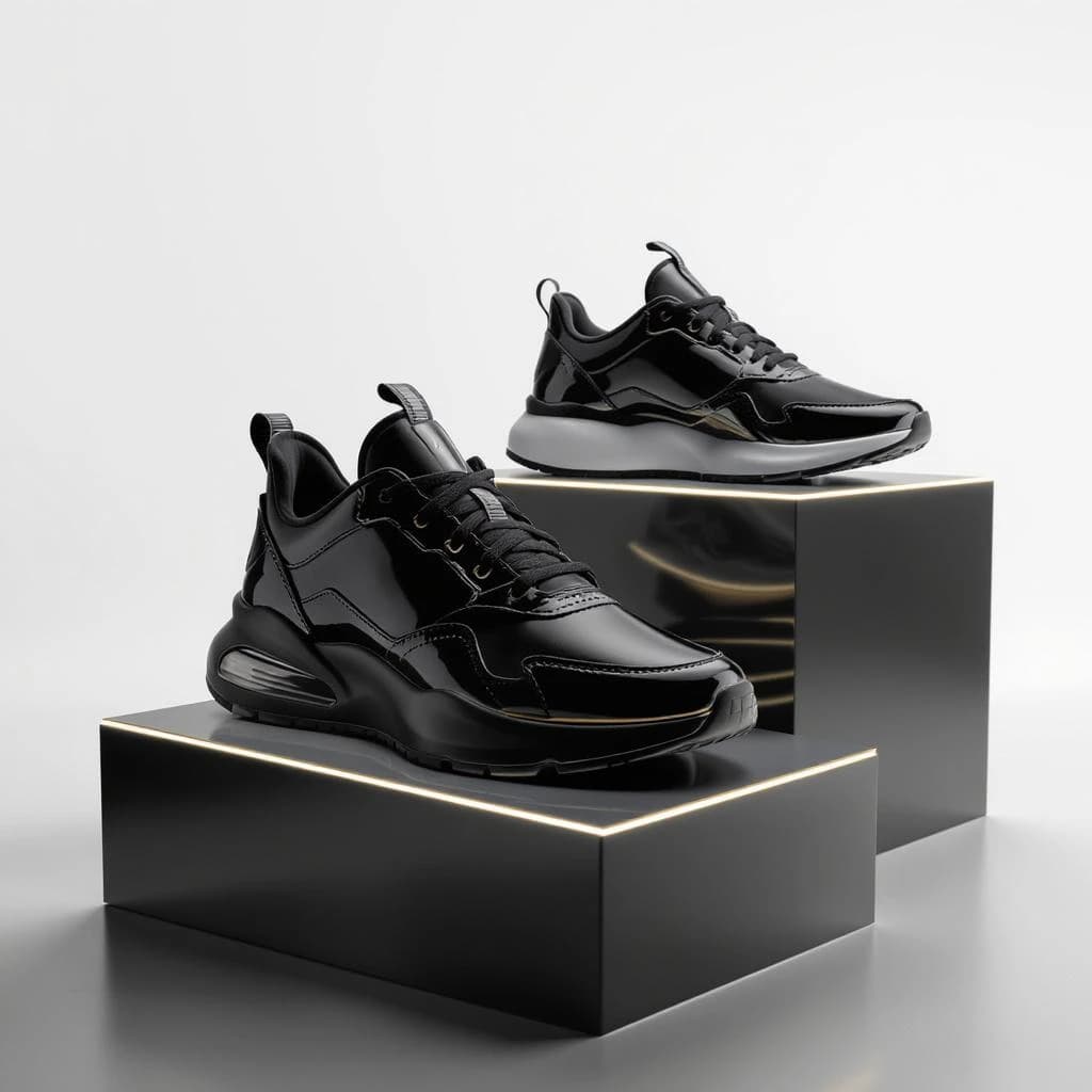 Make a polished 3D ad render: sneakers on glossy plinths, rim lighting.