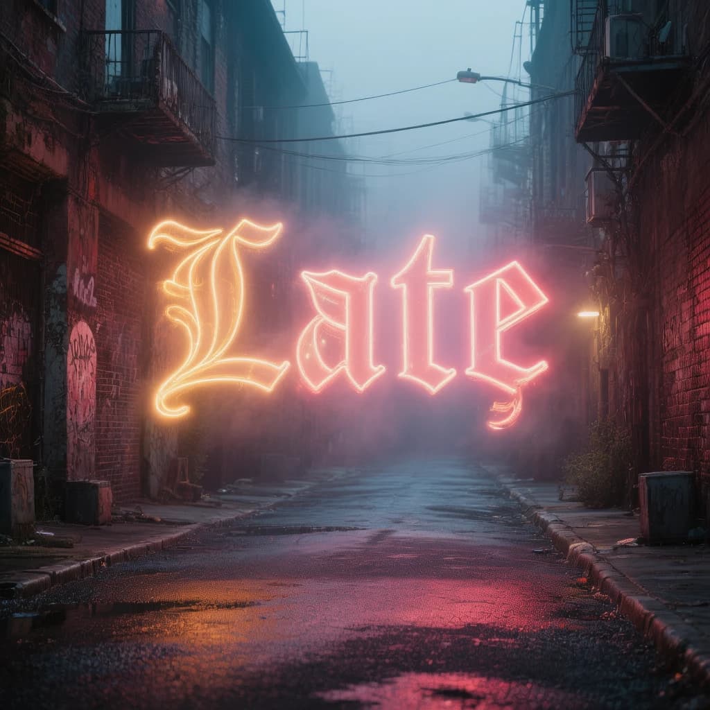 Neon serif letters flicker in a foggy alley, wet asphalt glowing a bit.