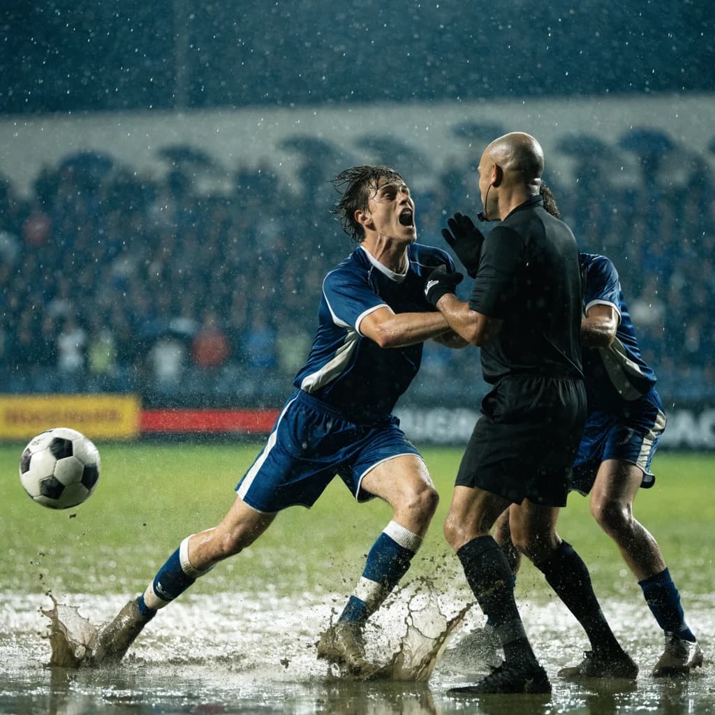 The soccer player clashes with the ref. It is thick and humid and the heat is getting to the players. His friend tries to pull him off before he causes any more trouble.
