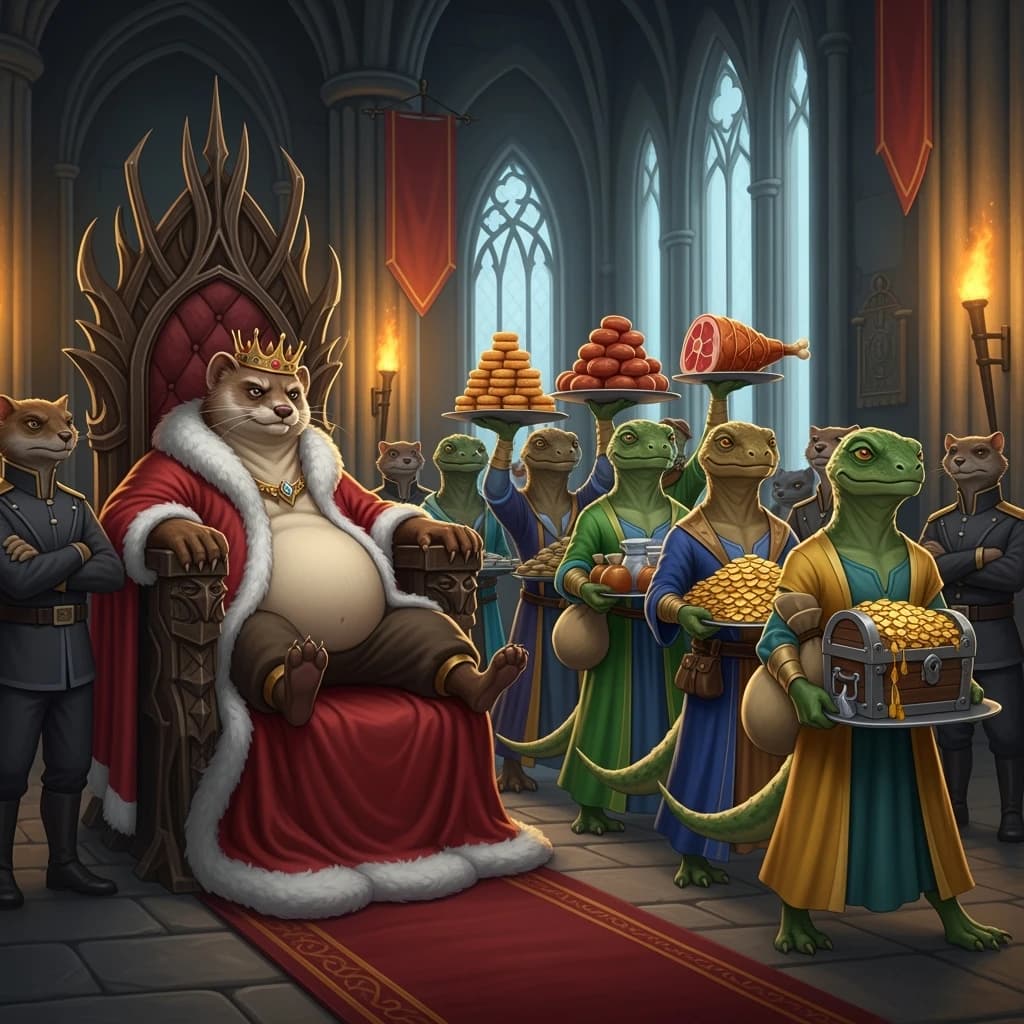 Big Weasel, the tyrannical ruler of the Levitus, slouches on his throne, his mood foul but somewhat brightened by the sight of gifts - a wearisome group of lizard traders adorned in fine silks proceed toward him through the hall with their annual tribute of biscuits, ham and gold - Big Weasel's favourites. Big Weasel's entourage looks on with stern approval.
