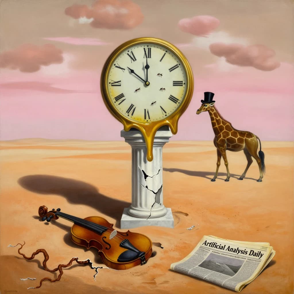 A vast desert plain stretches endlessly under a sky streaked with pale pink and ochre clouds. In the center stands a colossal clock, its face drooping and melting over the edge of a broken marble column. Ants swarm across its warped surface, glinting in the harsh sunlight. To the right, a horse with a giraffe like neck wearing a top hat strides toward the horizon, its shadow stretching miles across the sand. A cracked violin lies half-buried in the foreground, strings snapping outward like veins. Painted in the dreamlike surrealist style. A newspaper named the "Artificial Analysis Daily" lies on the Floor.