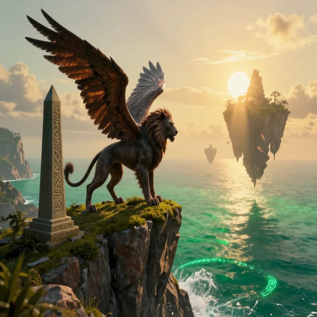 At dawn, a winged griffin lands on a mossy cliff above a jade sea beside a runed obelisk; floating isles drift under golden sunbeams, with a bit of sea spray and glowing runes.