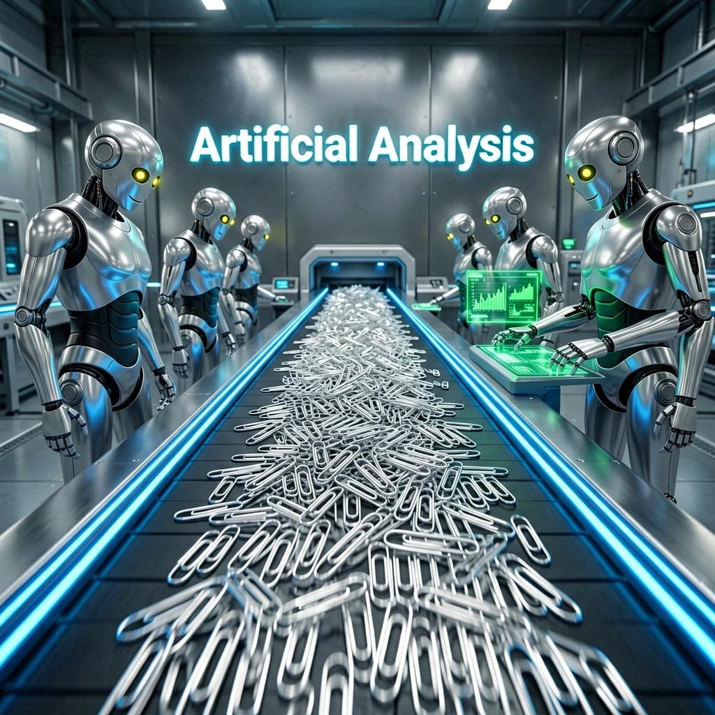 Close up point of view perspective on a conveyor belt pumping out paperclips at a maddening pace. The high tech factory has Artificial Analysis printed proudly on the wall. Robot staff look approvingly over the robust output.