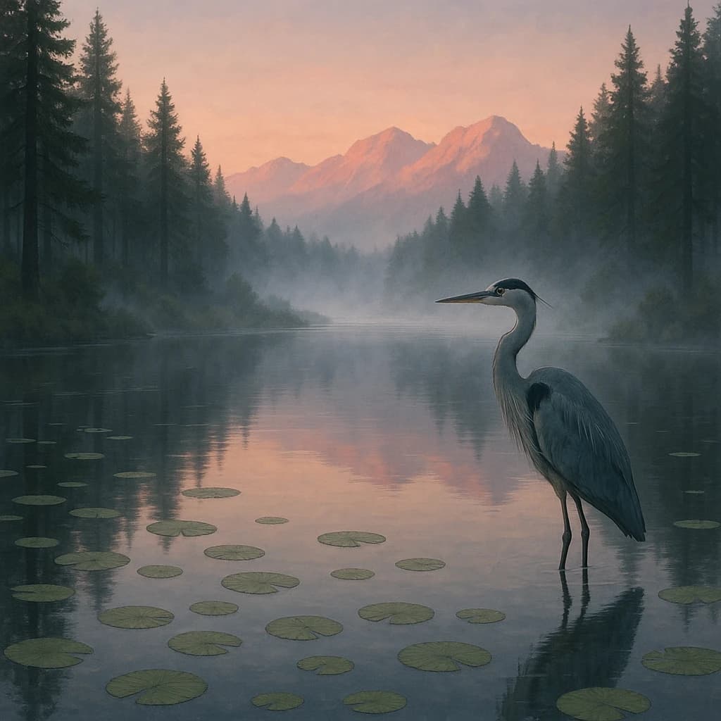 With pre-dawn mist along a cedar forest river and glassy water dotted with lily pads, distant mountains blush pink, and a heron stands still like it forgot what to do next.