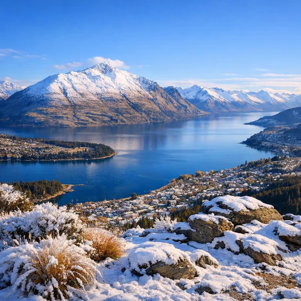 Queenstown's Lake Wakatipu, viewed from the top of Queenstown Hill after a snowstorm just dusted the top of Cecil's Peak