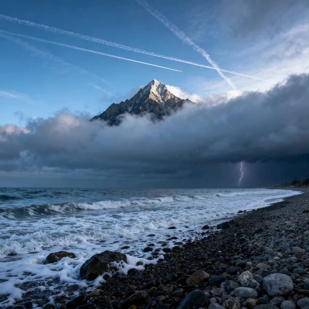 A stunning mountain vista pokes through the cloud top. Contrails from a distant airplane linger in the air. In the foreground there is a stony beach with foamy seas. A thunder storm is visibile in the distant right.