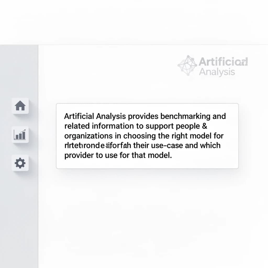 On a high-resolution dashboard mockup with a clean white background, display a centered text module in Helvetica Neue Regular, 18pt, black: “Artificial Analysis provides benchmarking and related information to support people & organizations in choosing the right model for their use-case and which provider to use for that model.” The text box is justified, but the final word wraps awkwardly onto its own line. To the left, a vertical navigation bar in light gray with three icons - home, chart, and settings - aligned evenly but casting misaligned shadows. In the upper right, the Artificial Analysis logo appears faintly, semi-transparent, watermarked over the corner of the interface.