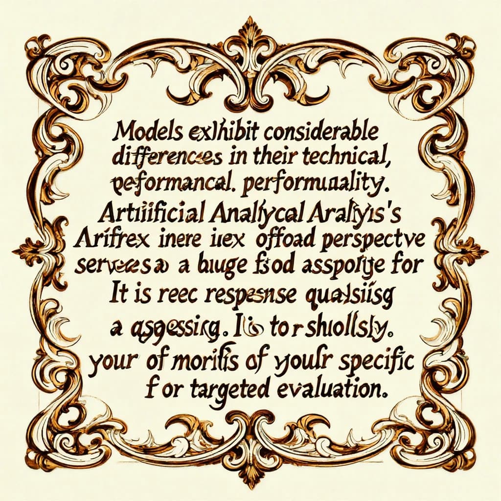 On a flat layout, write in an ornate baroque style "Models vary significantly between their technical performance, features and their quality. Artificial Analysis's intelligence index represents a generalist perspective and is useful as an indicator of the quality of responses. It is generally advisable to develop a short-list of models which best suit your use-case for customized use-case specific testing. "