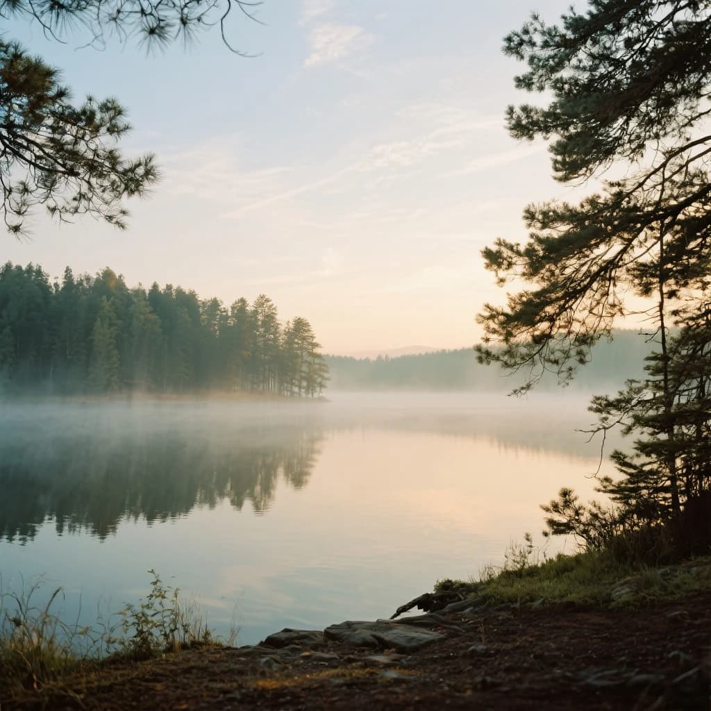 Give me a faded postcard of a misty pine lake at dawn, light leaks, film grain.