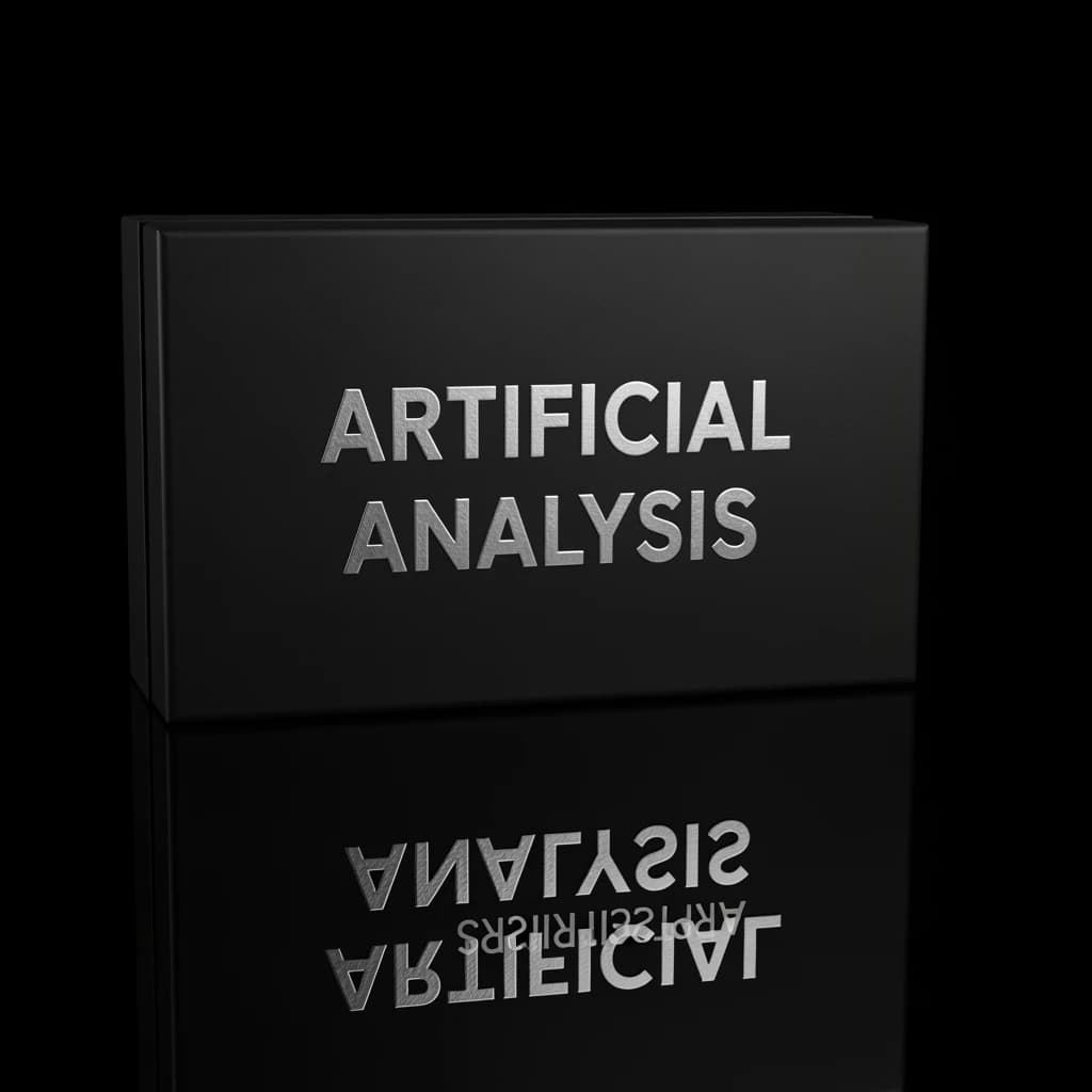 On the black box, silver foil embossing, centered: "Artificial Analysis" in Comic Sans Small Caps, perfectly justified. The letters are crisp, but the “Y” is duplicated faintly, ghosting right. On the box’s reflection, the word order is inverted: ARTIFICIAL ANALYSIS.