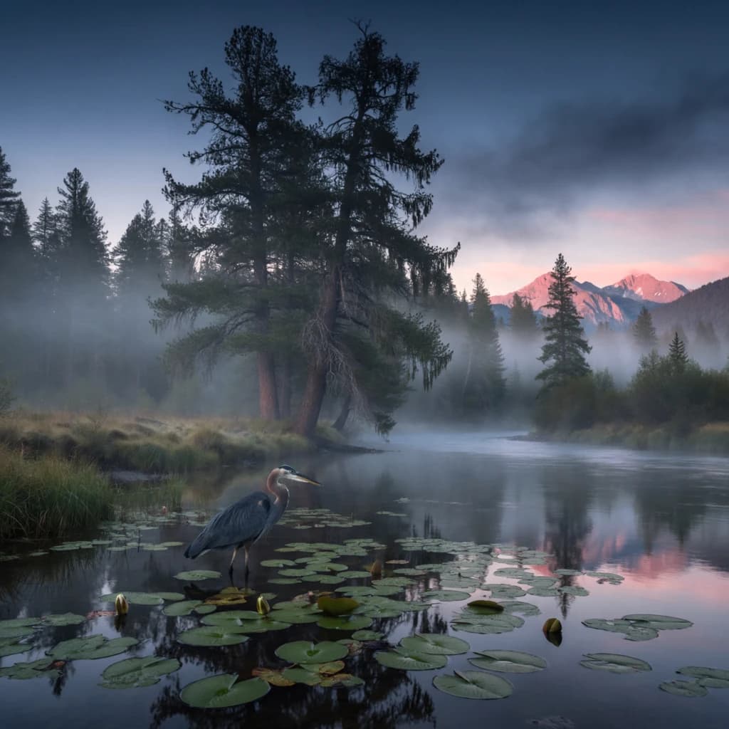 With pre-dawn mist along a cedar forest river and glassy water dotted with lily pads, distant mountains blush pink, and a heron stands still like it forgot what to do next.