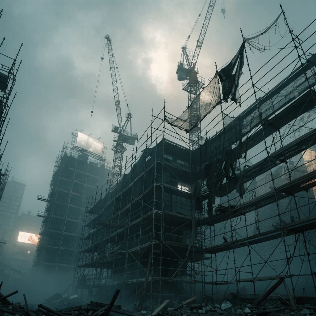 A construction site stretched upward into fog, cranes frozen in silhouette. Wind rattled scaffolding draped with torn mesh that glowed faintly from nearby billboards