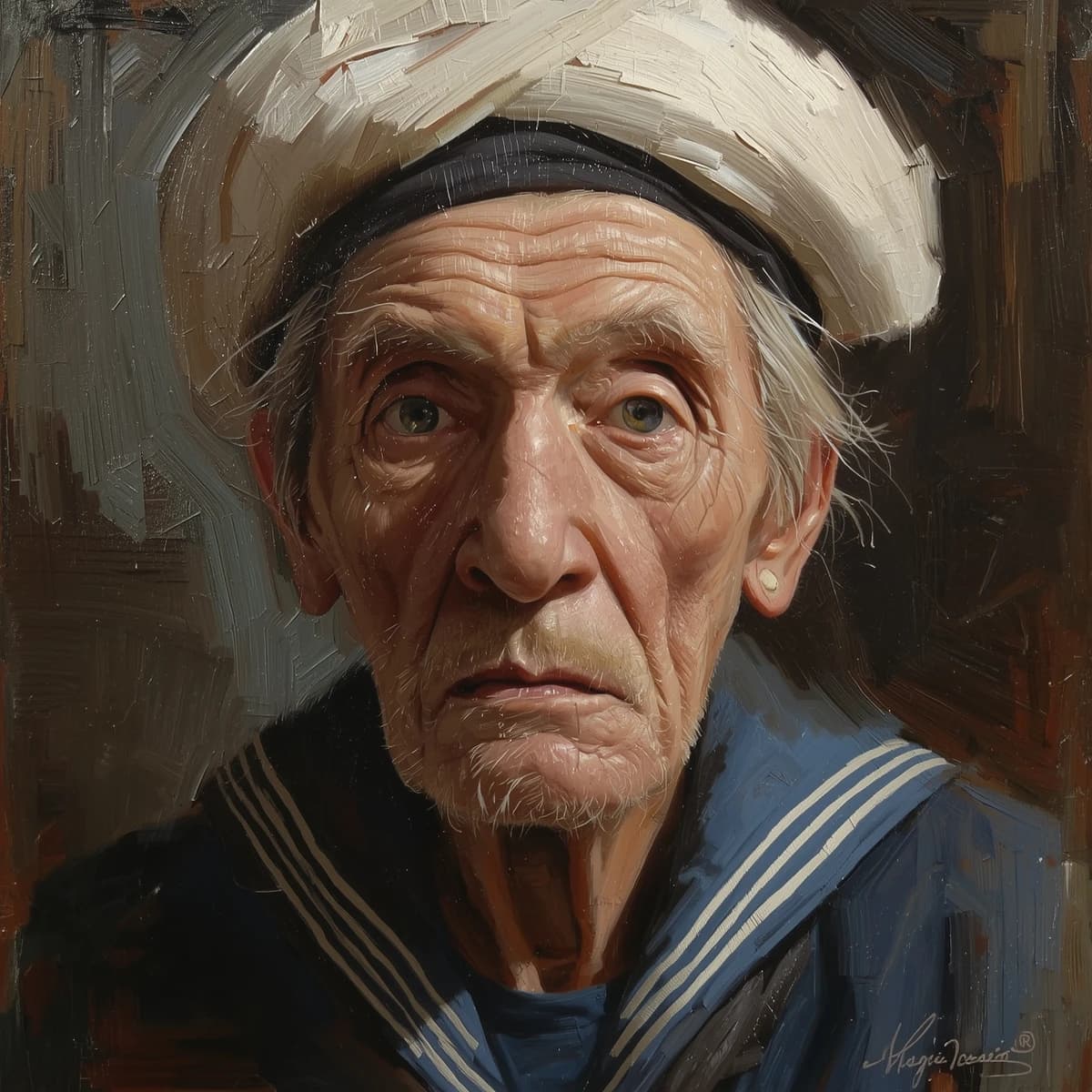 Oil on canvas portrait of an elderly sailor, weathered face, soft light.