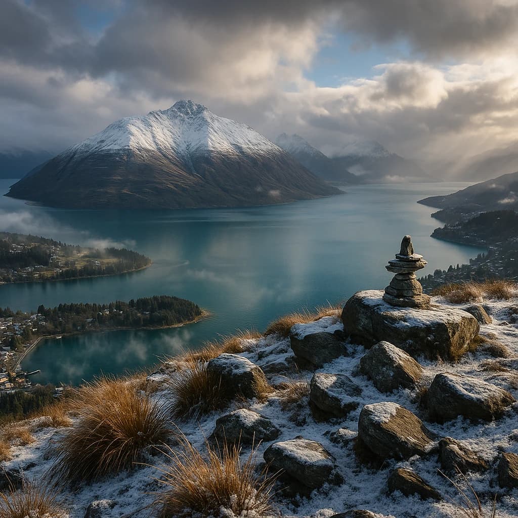 Queenstown's Lake Wakatipu, viewed from the top of Queenstown Hill after a snowstorm just dusted the top of Cecil's Peak