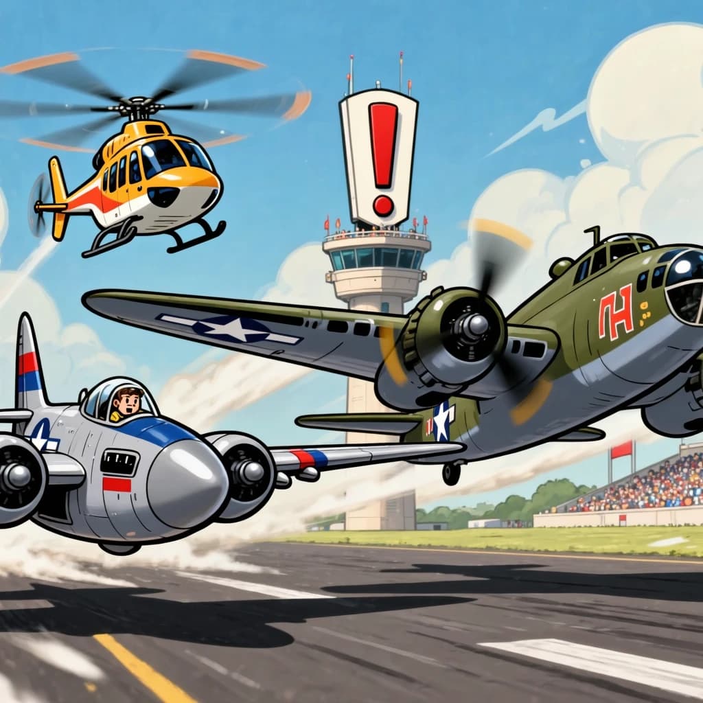 Almost at the runway, Fred the Fighter Jet is racing with Barry the Bomber to see who lands first. Fred has a mischievous trick up his sleeve but Hermione the Helicopter is going to stop him before he gets the chance. The control tower is very angry and has a big exclamation mark. Hand drawn cel look