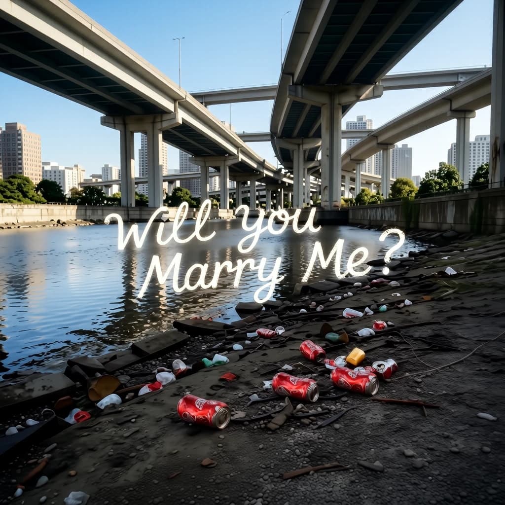 Red soda cans and other garbage sit strewn across the bank of an urban river only a few metres wide. Concrete overpasses criss cross overhead on a bright and sunny day. Fading skywriting proposes marriage